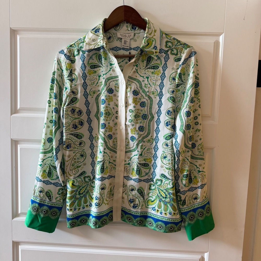Rachel Zoe Green Paisley Button Down Shirt Scarf Print XS Boho Coastal Y2K‎ - Picture 2 of 10